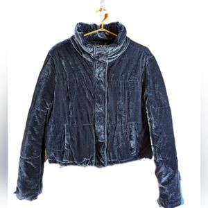 Jou Jou dark blue velvet velour puffer style jacket blue cropped Large